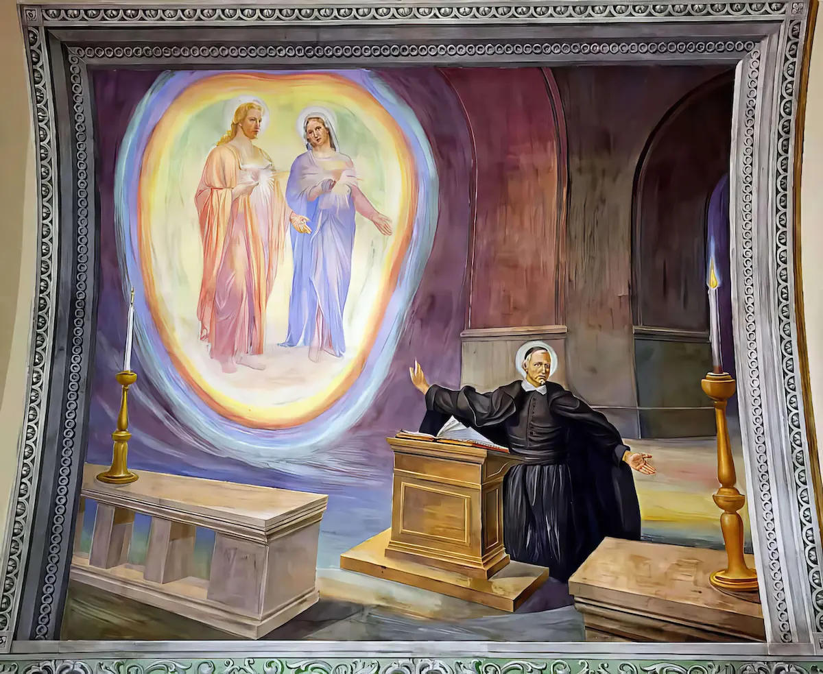 San Giovanni Eudes à genoux devant les Cœurs de Jésus et de Marie