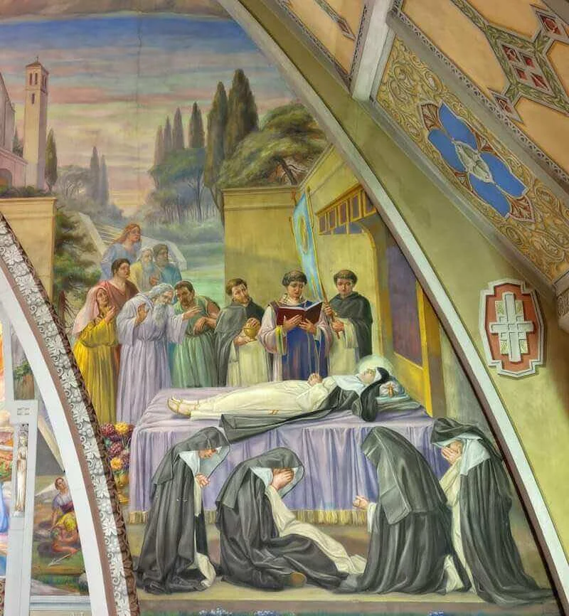 Pannello completo delle esequie di sant’Amélie, con le persone in lutto e le religiose